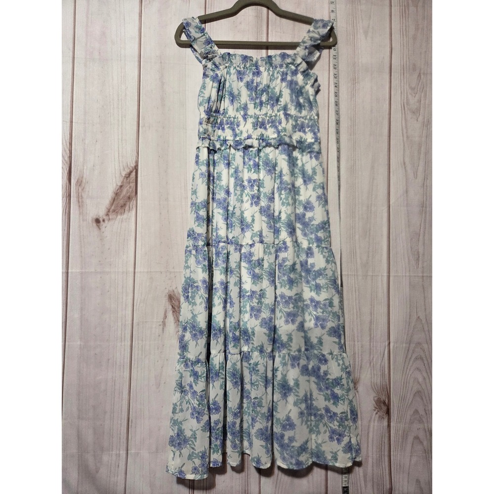 DIZZIRE White Floral Tiered Maxi Dress Smocked‎ Bodice Ruffle Straps M